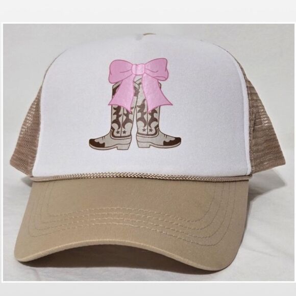 New Trucker Hat Cowboy Boots Pink Bow Tan & White - Picture 2 of 14